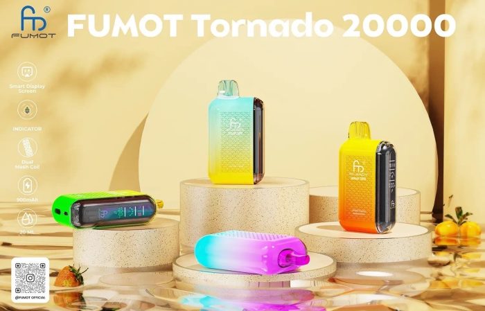 Four FUMOT Tornado 20000 vapes in vibrant gradient colors displayed on round beige podiums with reflective surfaces