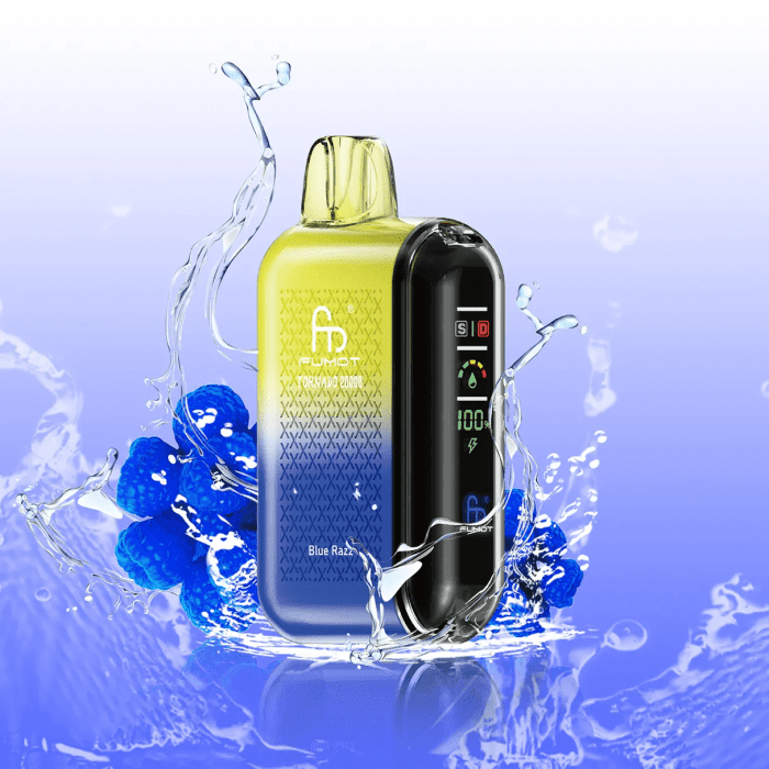 Yellow-to-blue gradient RandM Tornado 20000 disposable vape with Blue Razz flavor, surrounded by water splashes and fresh blue raspberries