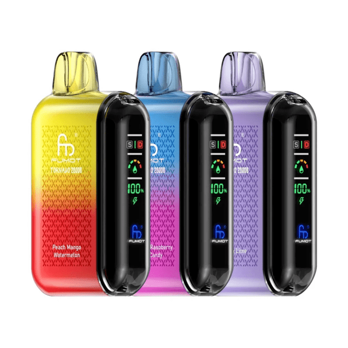 Close-up view of RandM Tornado 20000 disposable vapes in Peach Mango Watermelon, Raspberry Candy, Blue Razz, and Grape Lime flavors