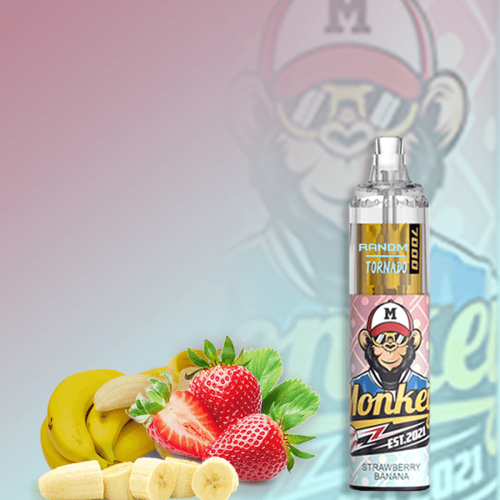 RandM Tornado 7000 Strawberry Banana vape with fresh strawberries, bananas, and the playful monkey design.