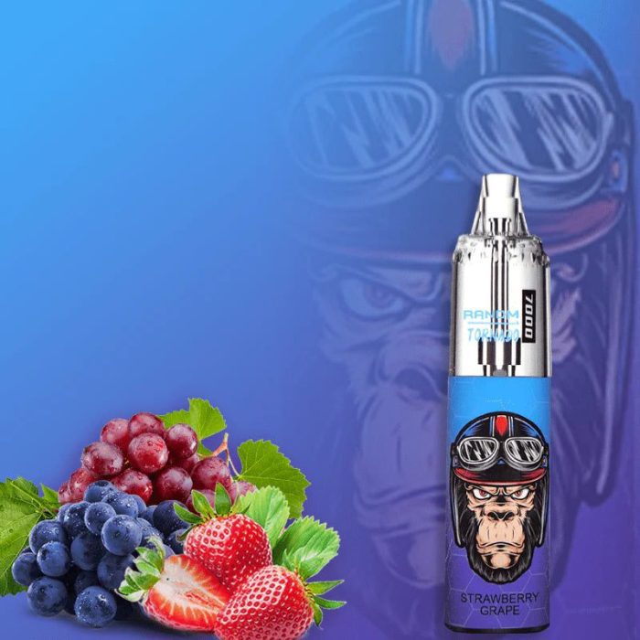 RandM Tornado 7000 disposable vape in Strawberry Grape flavor with strawberries, red grapes, and purple grapes on a blue gradient background
