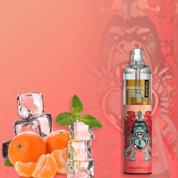 RandM Tornado 7000 Tangerine Ice vape with fresh tangerines, ice cubes, and mint leaves for a refreshing citrus flavor.
