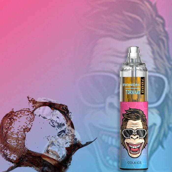 RandM Tornado 7000 Cola Ice vape with icy cola splash and cool gorilla illustration