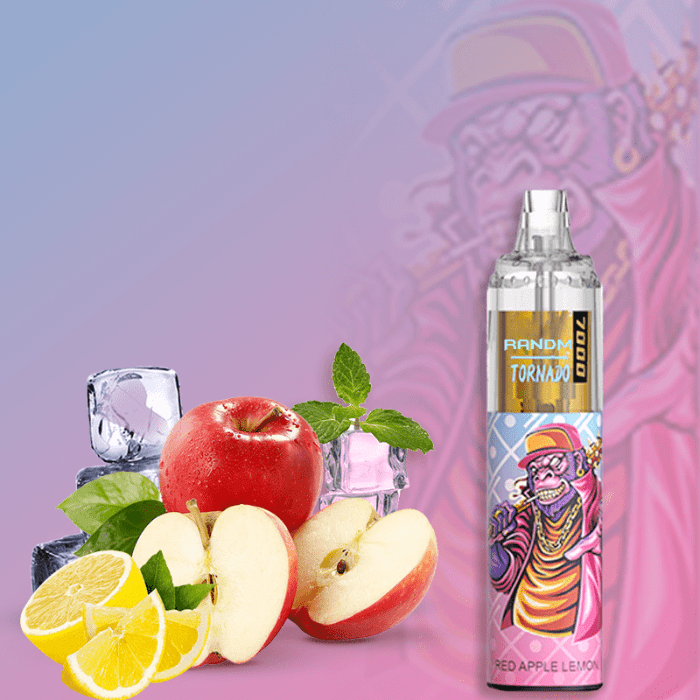 RandM Tornado 7000 disposable vape in Red Apple Lemon flavor with hip hop ape design, surrounded by red apples, lemons, mint, and ice cubes