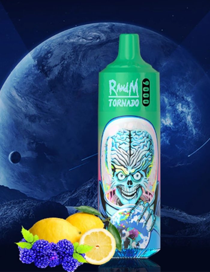 Green RandM Tornado 9000 vape with glowing alien graphic, surrounded by fresh lemons and blackberries on a galactic background.