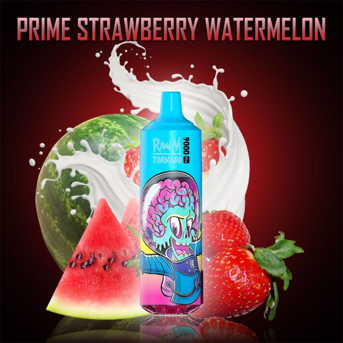 Bright blue RandM Tornado 9000 vape with a fierce pink-brained alien graphic, surrounded by strawberries, watermelon slices, and a splash of cream on a red background.