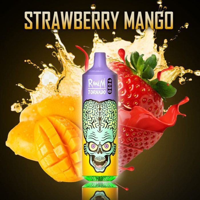 RandM Tornado 9000 vape with a vibrant alien design, displayed alongside splashing mango juice, strawberries, and mango slices.