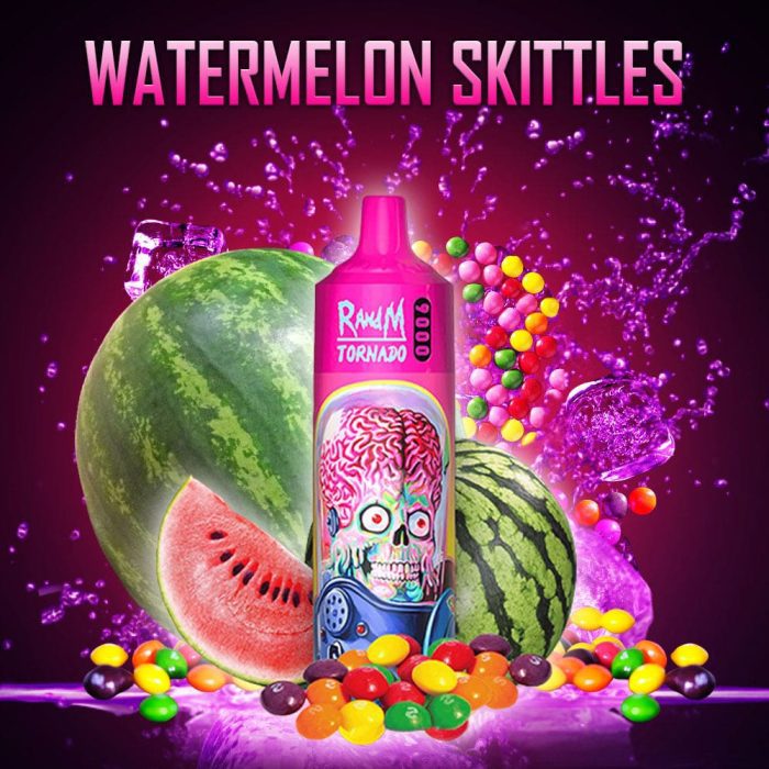 Pink RandM Tornado 9000 vape device with a vibrant alien skull design, surrounded by juicy watermelons, colorful Skittles candy, and purple splashes on a bold magenta background.