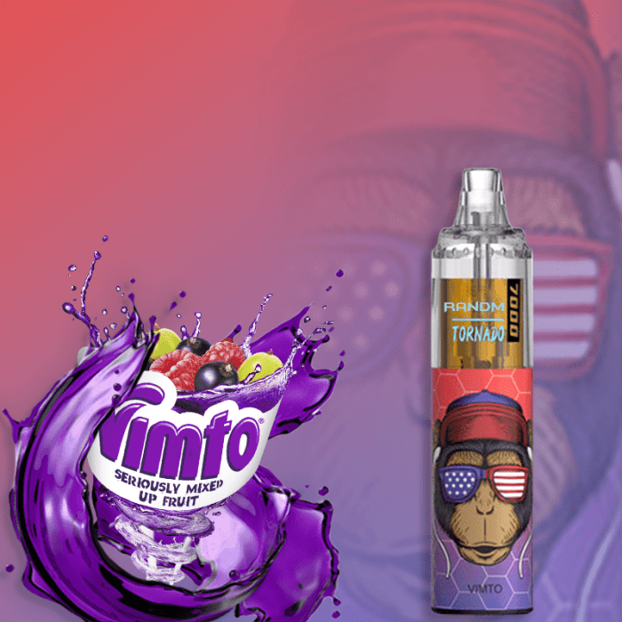 RandM Tornado 7000 disposable vape in Vimto flavor with purple splash and mixed berries, grapes, and branding.