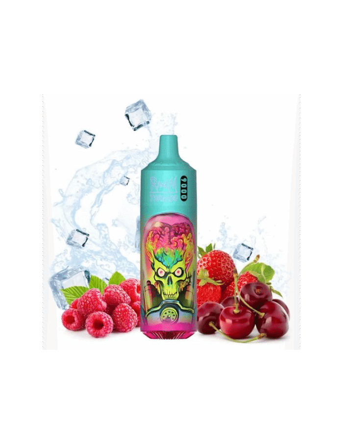 RandM Tornado 9000 disposable vape with icy cherry, raspberry, and strawberry flavor blend, featuring a colorful alien skull design and surrounded by fruits and ice cubes.