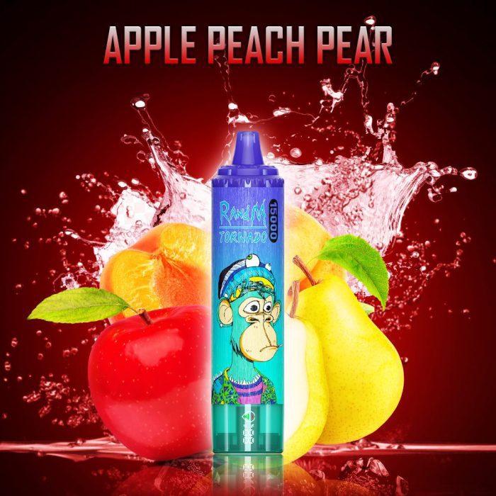 RandM Tornado 15000 vape with Apple Peach Pear flavor featuring colorful monkey design, surrounded by fresh apples, peaches, and pears with a splash background
