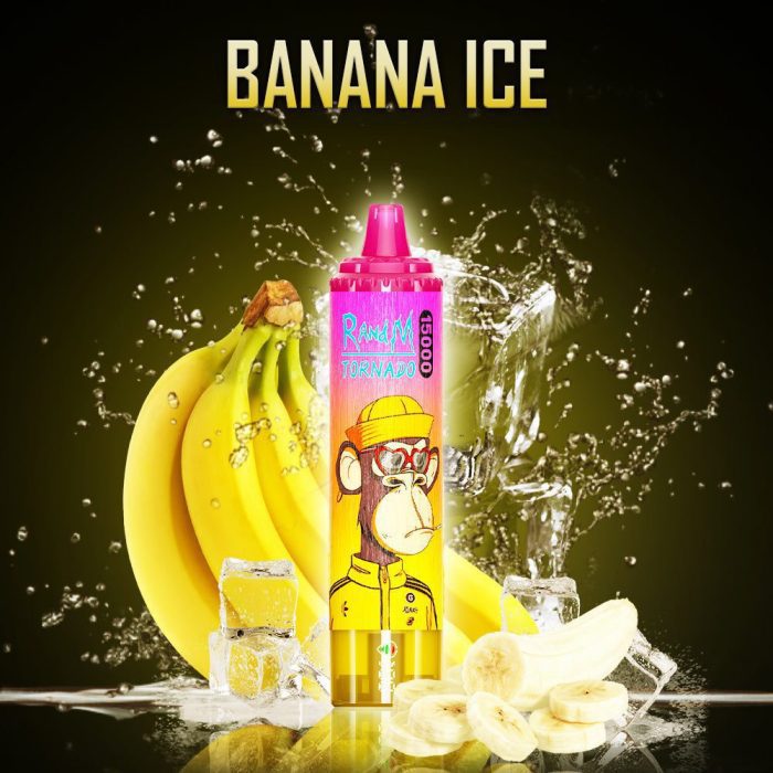 RandM Tornado 15000 disposable vape in Banana Ice flavor with cartoon monkey design, surrounded by bananas, banana slices, and ice cubes on a splash background