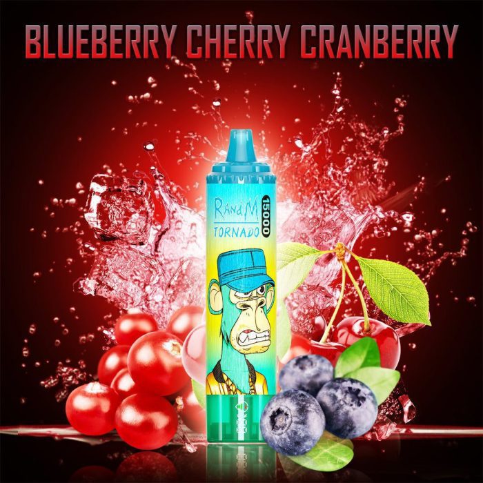 RandM Tornado 15000 Blueberry Cherry Cranberry disposable vape with a vibrant fruit splash of blueberries, cherries, and cranberries