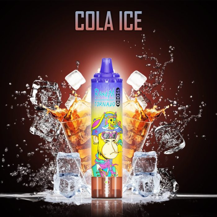 RandM Tornado 15000 Cola Ice disposable vape surrounded by icy cola splash and ice cubes