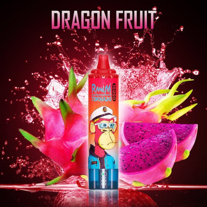 RandM Tornado 15000 Dragon Fruit disposable vape with vibrant pink dragon fruit splash background