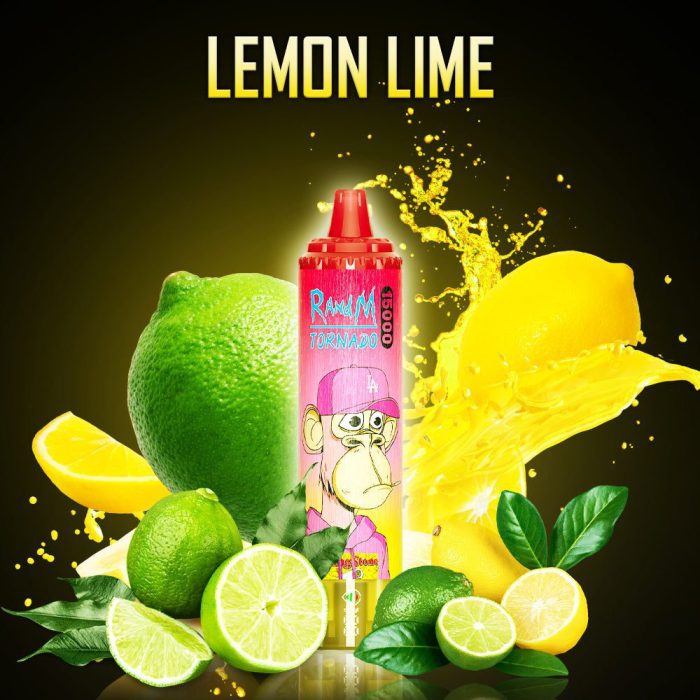 RandM Tornado 15000 Lemon Lime disposable vape with vibrant lemons, limes, and a citrus splash background