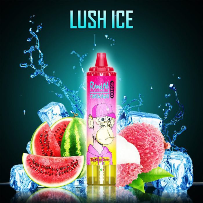 RandM Tornado Lush Ice disposable vape with watermelon, lychee, ice cubes, and splash background