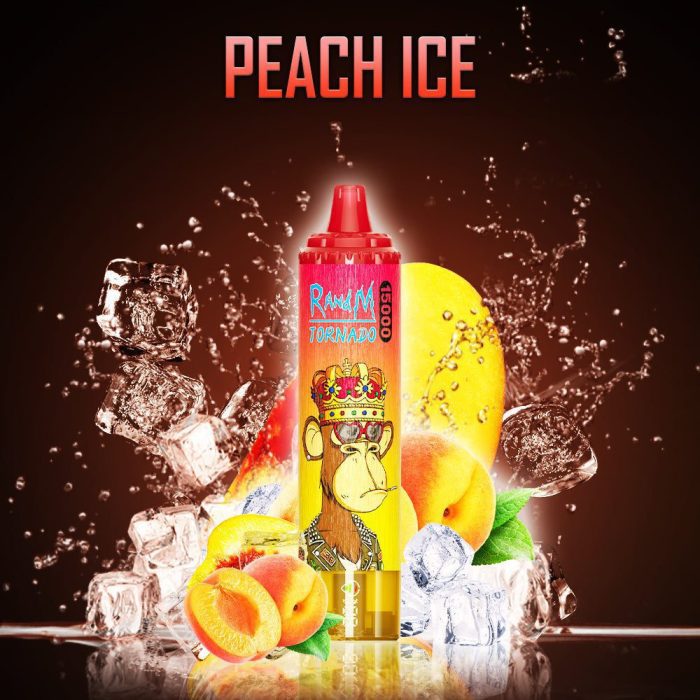 RandM Tornado Peach Ice disposable vape with fresh peaches, ice cubes, and splash background