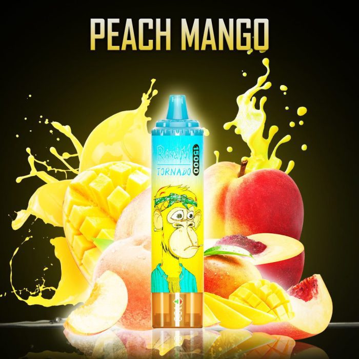 RandM Tornado Peach Mango disposable vape with peaches, mangoes, and tropical juice splash in background