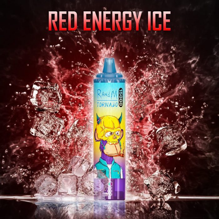 RandM Tornado Red Energy Ice disposable vape with red splash and ice cubes in an energetic background
