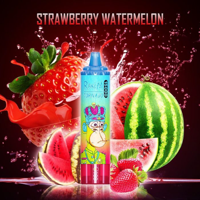 RandM Tornado Strawberry Watermelon vape device with watermelon slices and strawberries in splash background