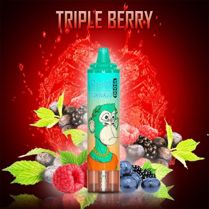 RandM Tornado Triple Berry disposable vape with raspberries, blackberries, and blueberries in a juice splash background