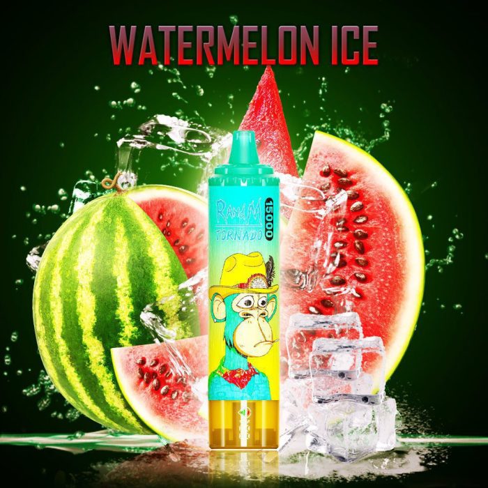 RandM Tornado Watermelon Ice disposable vape with watermelon slices and ice cubes in a refreshing splash background