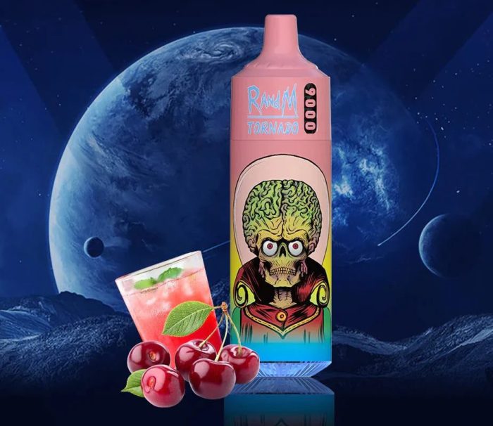 RandM Tornado 9000 pink vape with alien skull design, cherry fruit, and a cherry cocktail on a space background