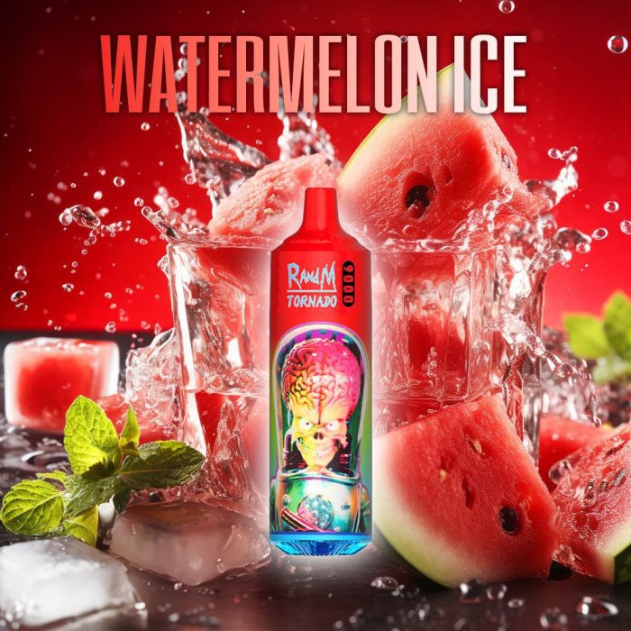 RandM Tornado 9000 red disposable vape with icy watermelon splash and mint leaves in a refreshing red-themed background.
