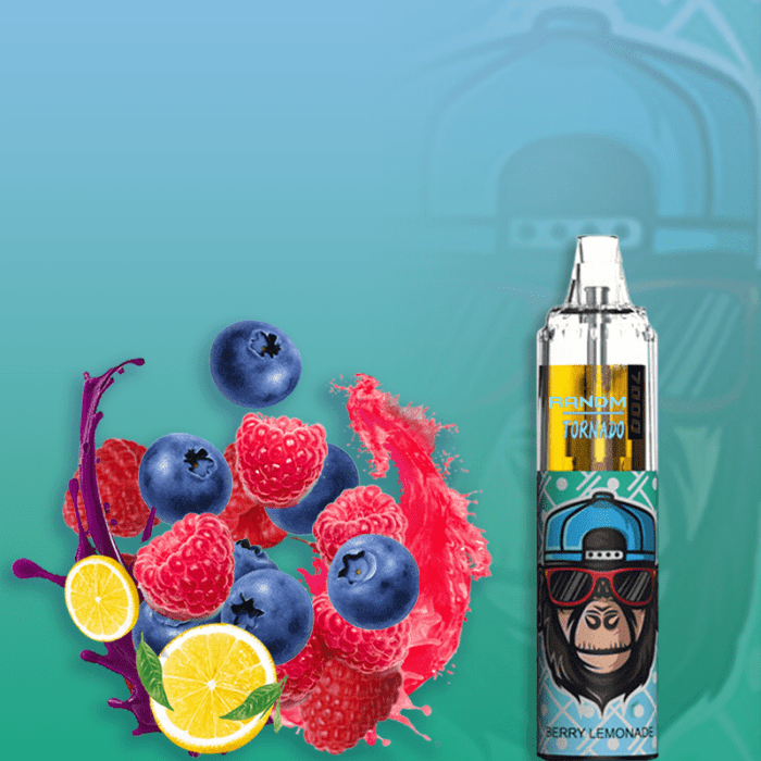 RandM Tornado 7000 disposable vape in Berry Lemonade flavor with fresh blueberries, raspberries, lemon slices, and splash effects.