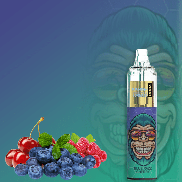 RandM Tornado 7000 vape in Blue Razz Cherry flavor with blueberries, raspberries, and cherries on a blue-green background.