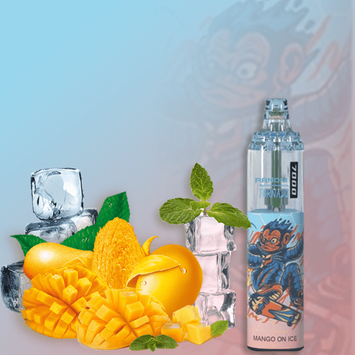 RandM Tornado 7000 vape with cartoon character design and refreshing mango on ice flavor, featuring mango slices and mint.