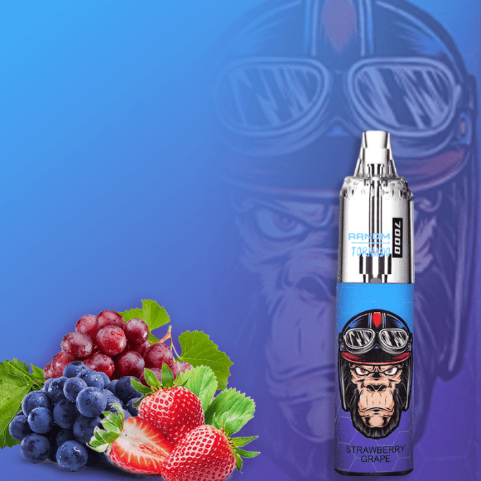 RandM Tornado 7000 vape in Strawberry Grape flavor with fresh strawberries, red and purple grapes against a blue background.
