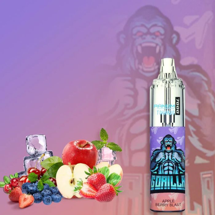 RandM Tornado 7000 vape in Apple Berry Blast flavor with apples, berries, and ice cubes against a purple gradient background.