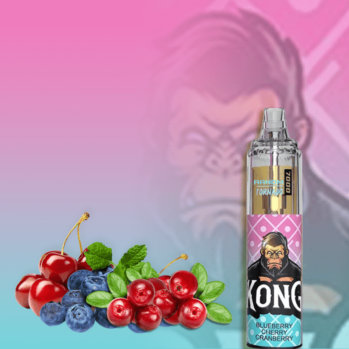 RandM Tornado 7000 Kong vape with blueberry, cherry, and cranberry flavors on a pink and blue background.