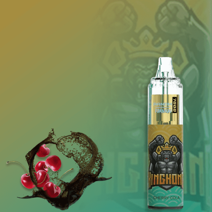 RandM Tornado 7000 vape with Cherry Cola flavor, surrounded by cherry splash and cola liquid against a golden green background.