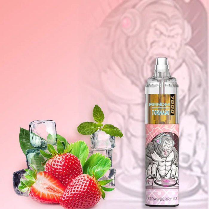 RandM Tornado 7000 Strawberry Ice vape with fresh strawberries, mint leaves, and ice cubes, featuring a DJ-themed design.