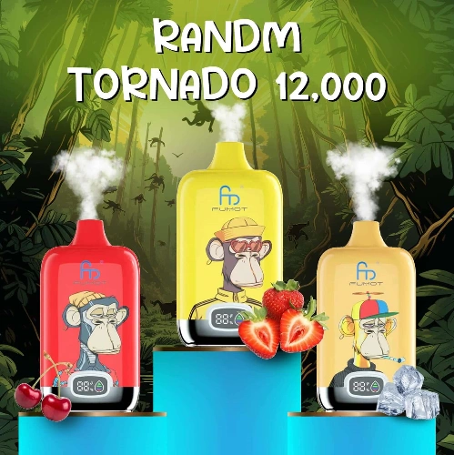 RandM Tornado 12,000 disposable vapes in red, yellow, and orange with cartoon monkey design and fruity flavors