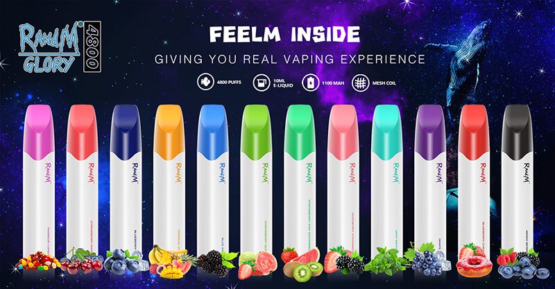 RandM Glory disposable vapes in various colors and flavors with FEELM technology, 4800 puffs, and fruit visuals on a galaxy background