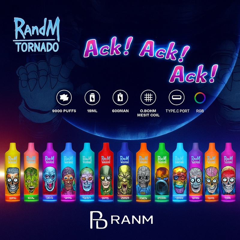 Colorful RandM Tornado disposable vape pens with horror-themed artwork and features like 9000 puffs, 19ml capacity, mesh coil, and RGB lighting.