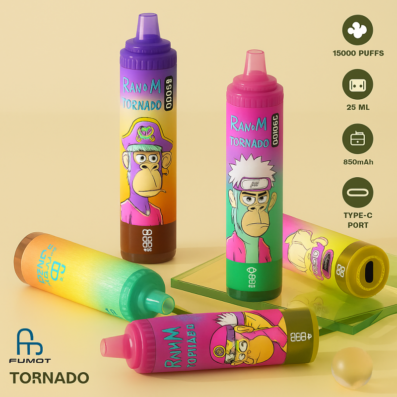Fumot Tornado disposable vape pens with vibrant cartoon ape artwork, offering 15000 puffs, 25ml e-liquid, 850mAh battery, and Type-C charging.