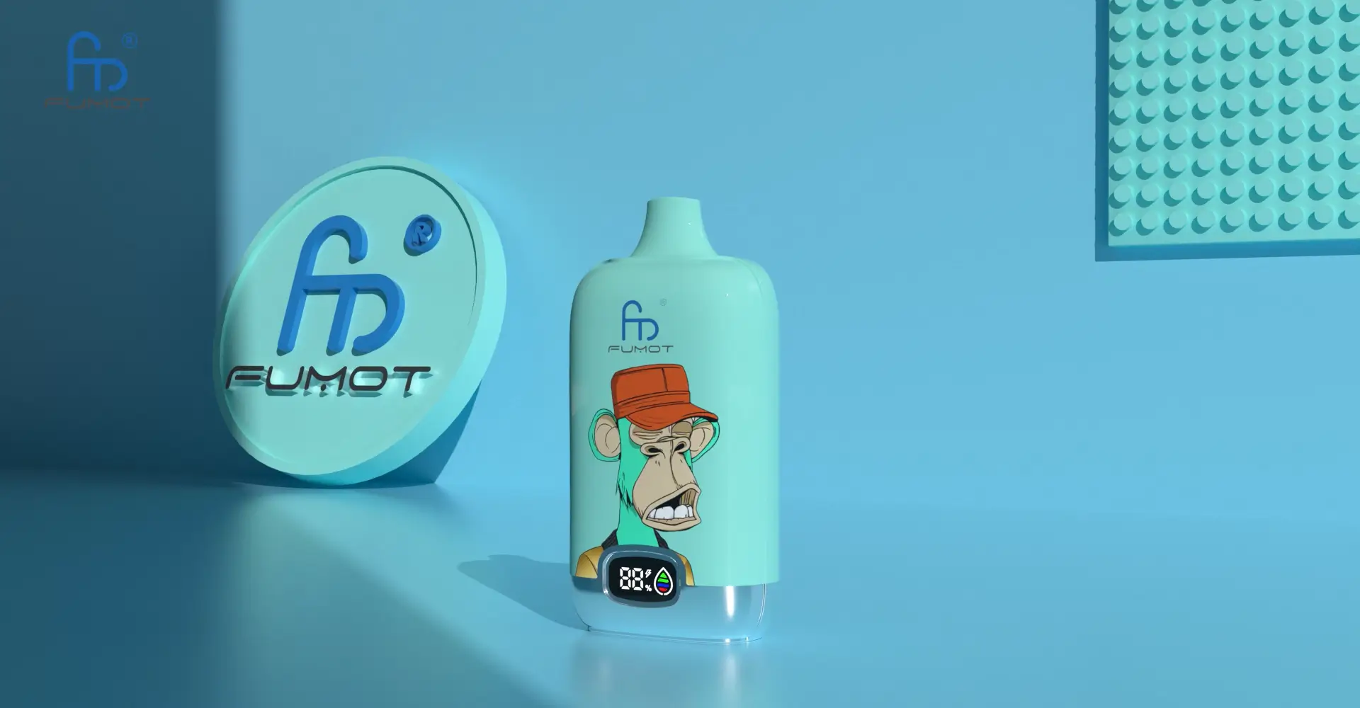 Fumot disposable vape with blue casing, digital puff indicator, and red-cap cartoon ape illustration on a minimal light blue background