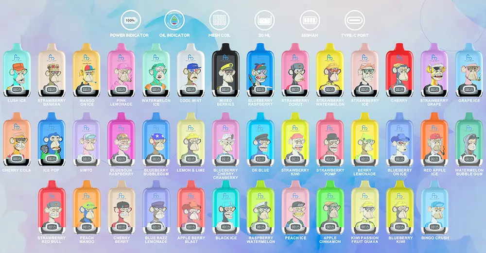 Fumot disposable vapes with cartoon ape artwork, digital puff indicators, and a wide variety of flavors arranged in a colorful chart