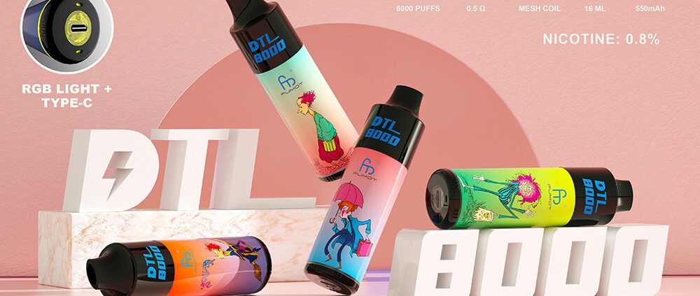 Fumot DTL 8000 disposable vapes in various artistic designs, featuring RGB lighting, mesh coil, Type-C charging, and 8000 puff capacity