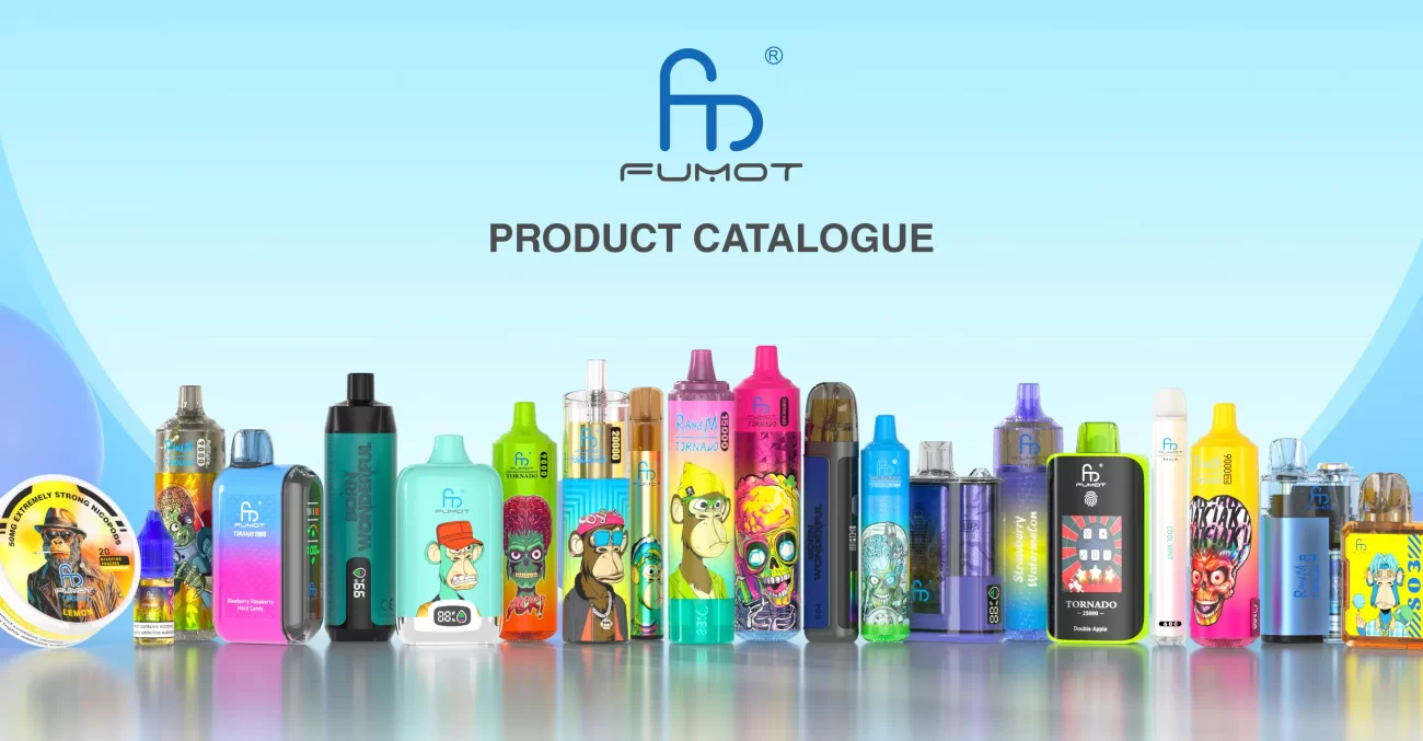 Full lineup of Fumot vape products in various shapes, colors, and designs displayed against a blue gradient background