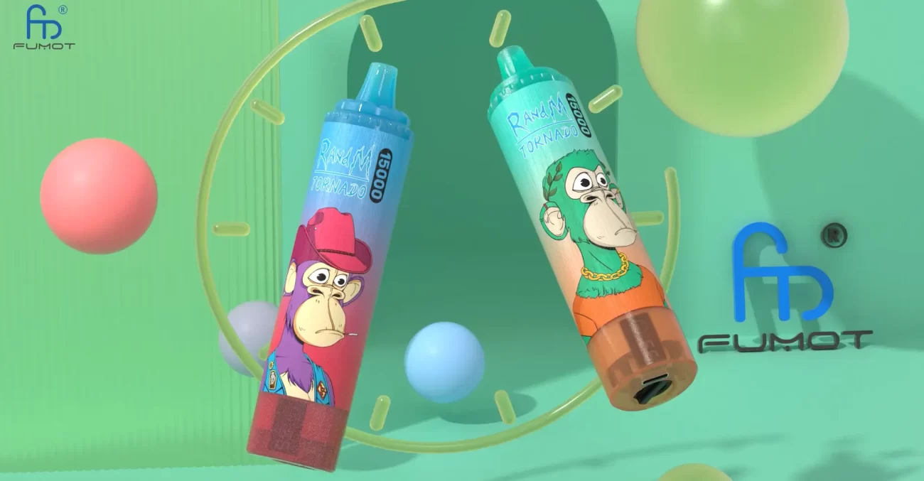 Fumot Random Tornado disposable vapes with 15000 puffs featuring cartoon ape artwork in vibrant red and green designs
