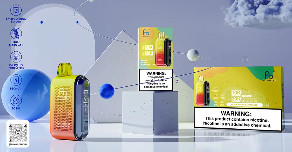 Fumot smart vape with dual puff modes, digital screen, and Peach Mango Watermelon flavor packaging in a modern abstract setting