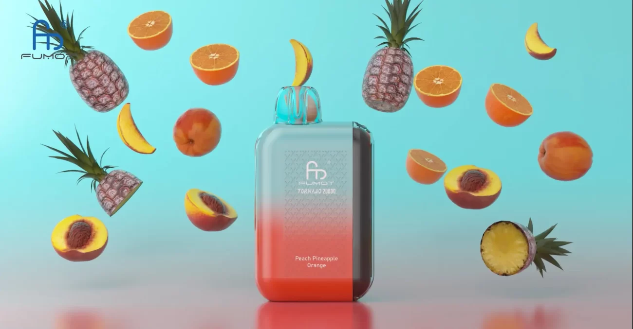 Fumot Tornado 20000 disposable vape with peach, pineapple, and orange fruits floating around on a blue background