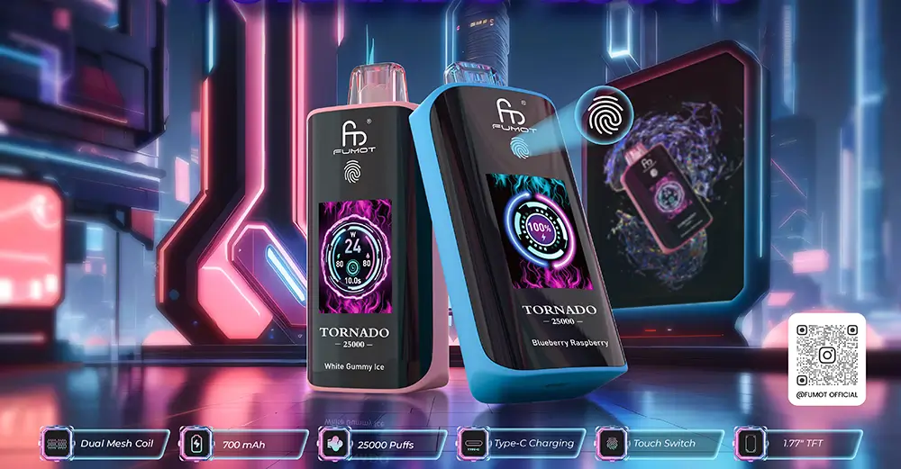 Fumot Tornado 25000 puff vapes with LED touchscreen, fingerprint sensor, and futuristic design in a neon cyber background