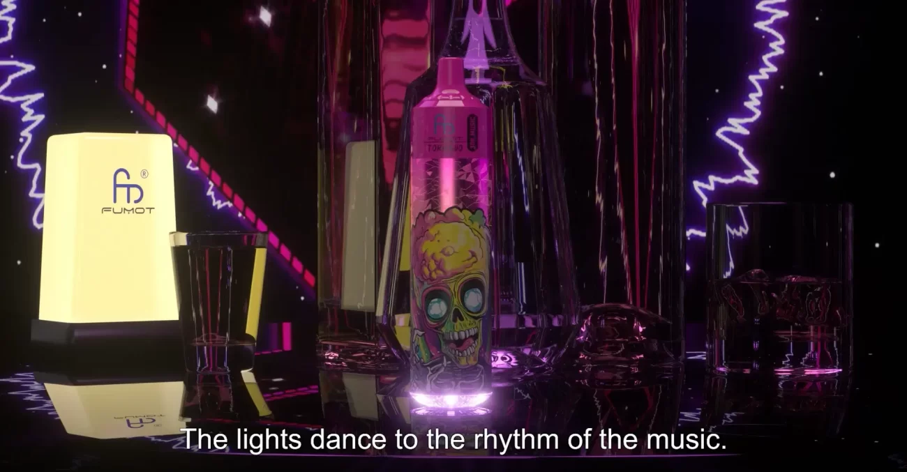 Fumot Tornado vape with glowing skull design surrounded by glasses and neon lights in a dark nightclub-themed setting